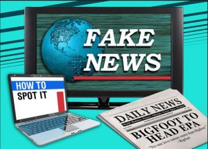 Computer, television screen and News Paper saying "Fake News"